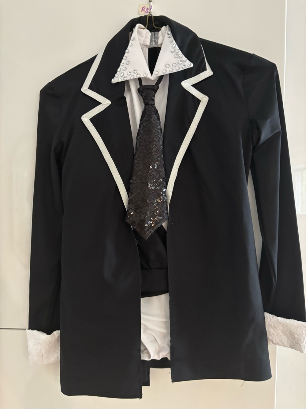 Kids Black Dance Costume Jacket with White Trim and Decorative Tie